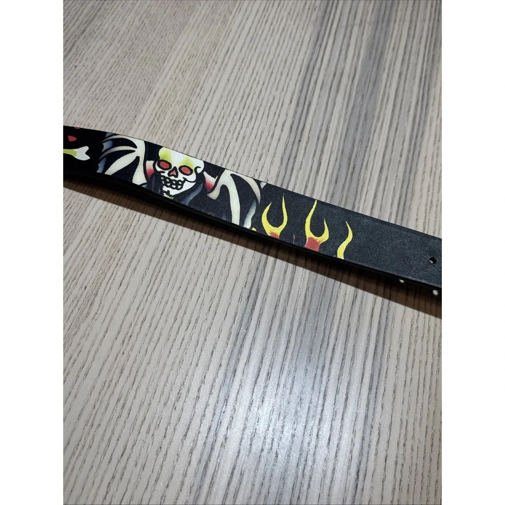 Ed Hardy Men Reversible Belt 42 Black Tattoo Skull Live to Ride Bonded Leather